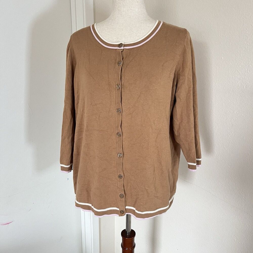 TALBOTS Cotton Blend Tipped Cardigan Cafe Sz X Plus Tan Camel